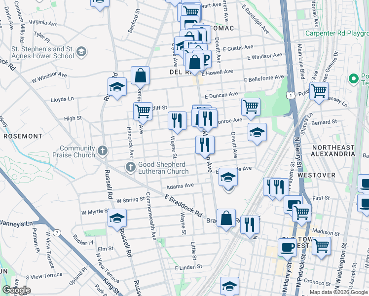 map of restaurants, bars, coffee shops, grocery stores, and more near in Alexandria