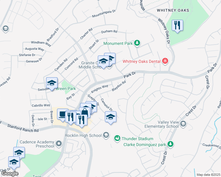 map of restaurants, bars, coffee shops, grocery stores, and more near 4832 Blaydon Road in Rocklin