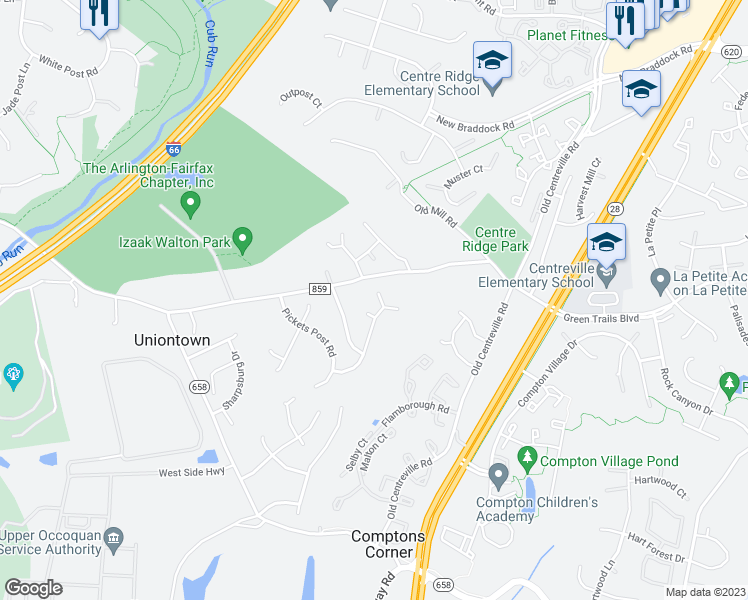 map of restaurants, bars, coffee shops, grocery stores, and more near 6708 Mossy Bank Lane in Centreville