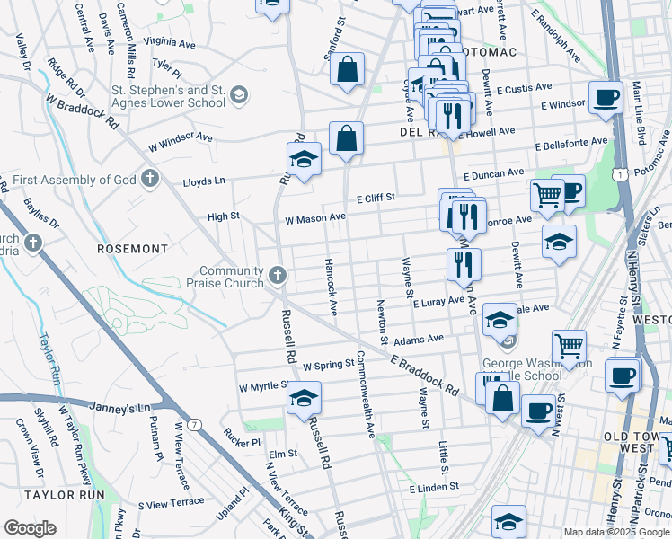 map of restaurants, bars, coffee shops, grocery stores, and more near 8 West Nelson Avenue in Alexandria