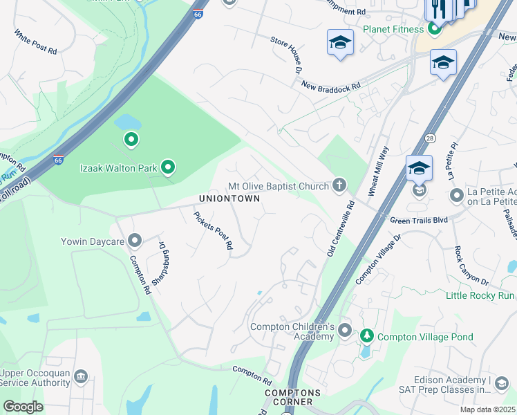 map of restaurants, bars, coffee shops, grocery stores, and more near 6708 Mossy Bank Lane in Centreville