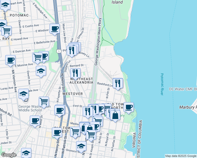 map of restaurants, bars, coffee shops, grocery stores, and more near 1305 East Abingdon Drive in Alexandria
