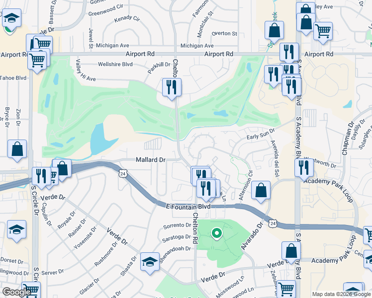 map of restaurants, bars, coffee shops, grocery stores, and more near 964 Dawn Break Loop in Colorado Springs
