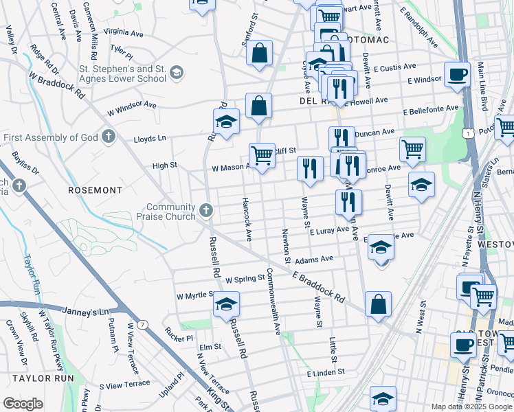 map of restaurants, bars, coffee shops, grocery stores, and more near 4 West Nelson Avenue in Alexandria