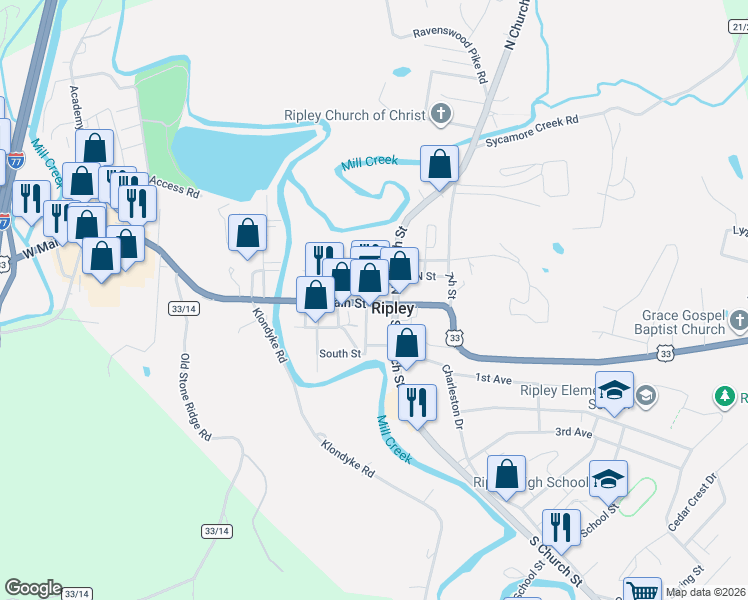 map of restaurants, bars, coffee shops, grocery stores, and more near in Ripley