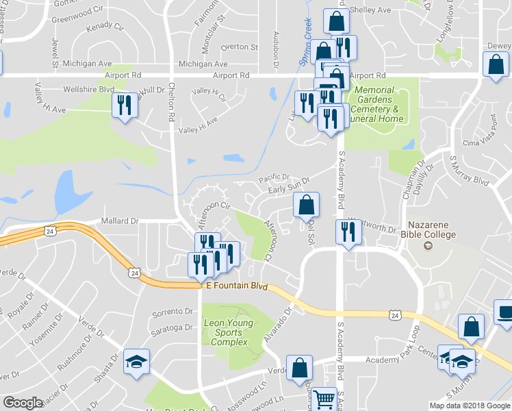 map of restaurants, bars, coffee shops, grocery stores, and more near 3582 Venice Grove in Colorado Springs