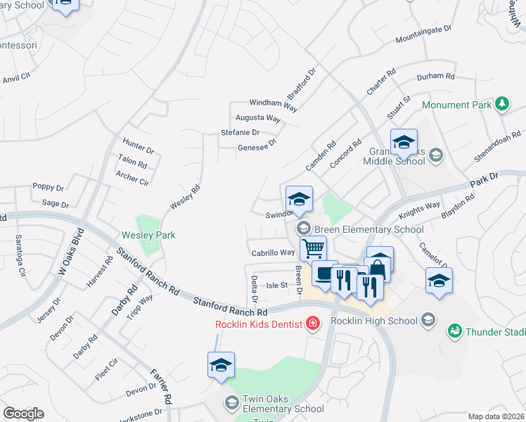 map of restaurants, bars, coffee shops, grocery stores, and more near 5568 Cabrillo Court in Rocklin