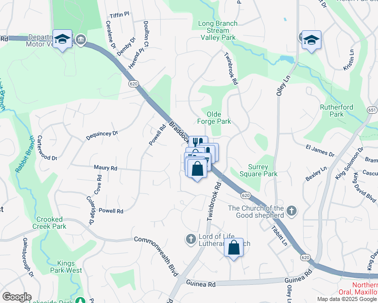 map of restaurants, bars, coffee shops, grocery stores, and more near 4816 Nash Drive in Fairfax