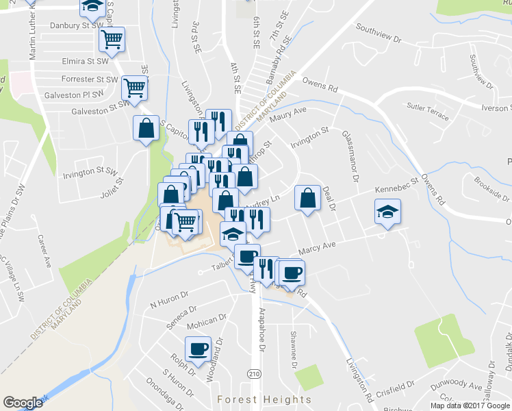 map of restaurants, bars, coffee shops, grocery stores, and more near 609 Audrey Lane in Oxon Hill-Glassmanor
