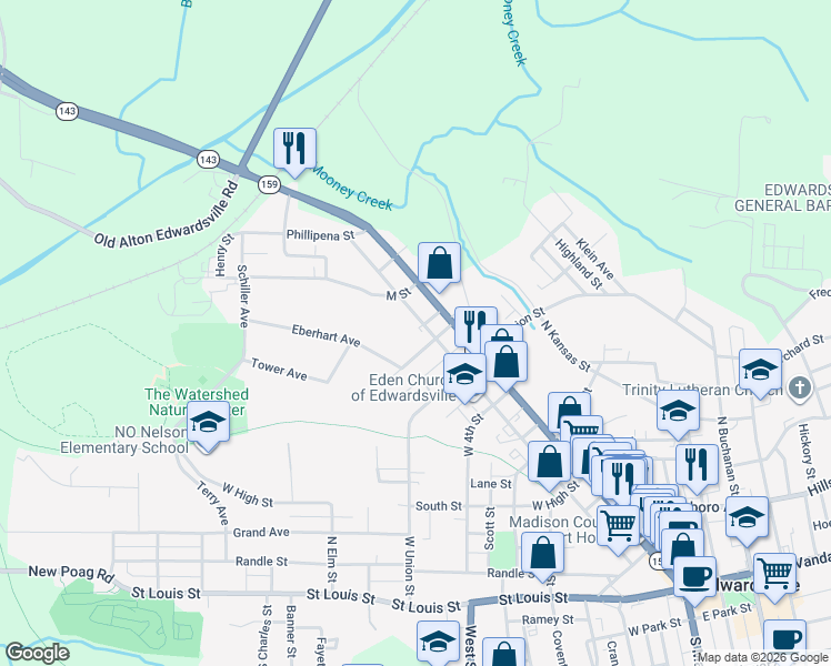 map of restaurants, bars, coffee shops, grocery stores, and more near 1401 North 2nd Street in Edwardsville