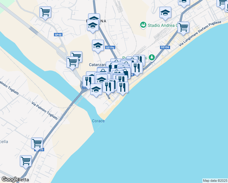 map of restaurants, bars, coffee shops, grocery stores, and more near 65 Via Lungomare Stefano Pugliese in Catanzaro