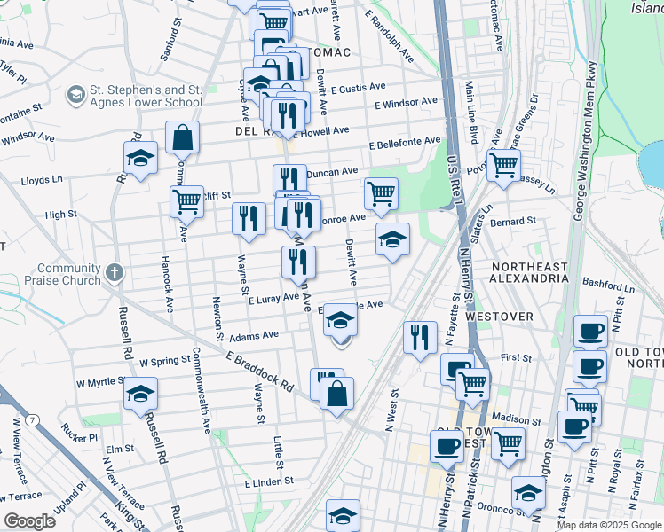 map of restaurants, bars, coffee shops, grocery stores, and more near 416 East Alexandria Avenue in Alexandria