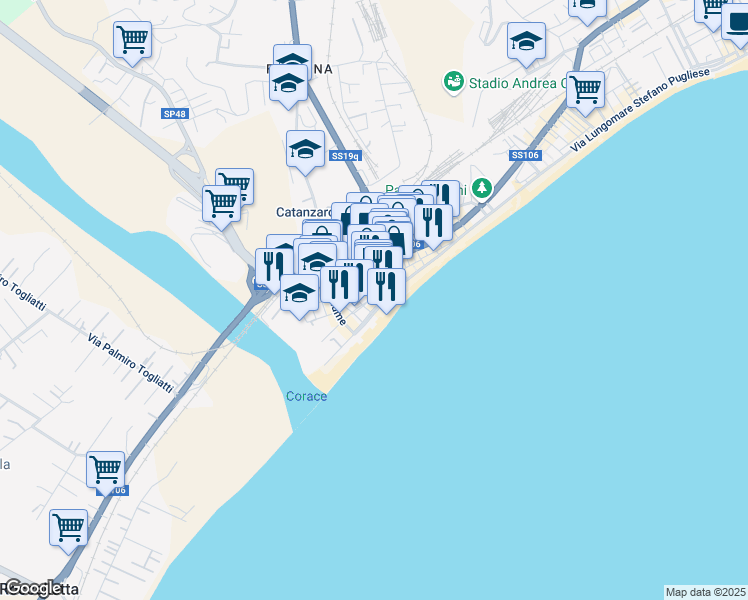 map of restaurants, bars, coffee shops, grocery stores, and more near 65 Via Lungomare Stefano Pugliese in Catanzaro