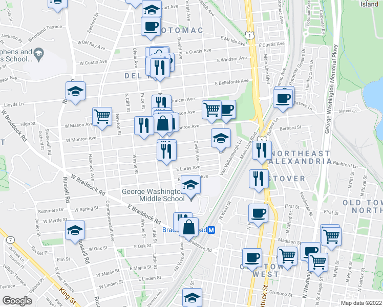 map of restaurants, bars, coffee shops, grocery stores, and more near 422 East Alexandria Avenue in Alexandria
