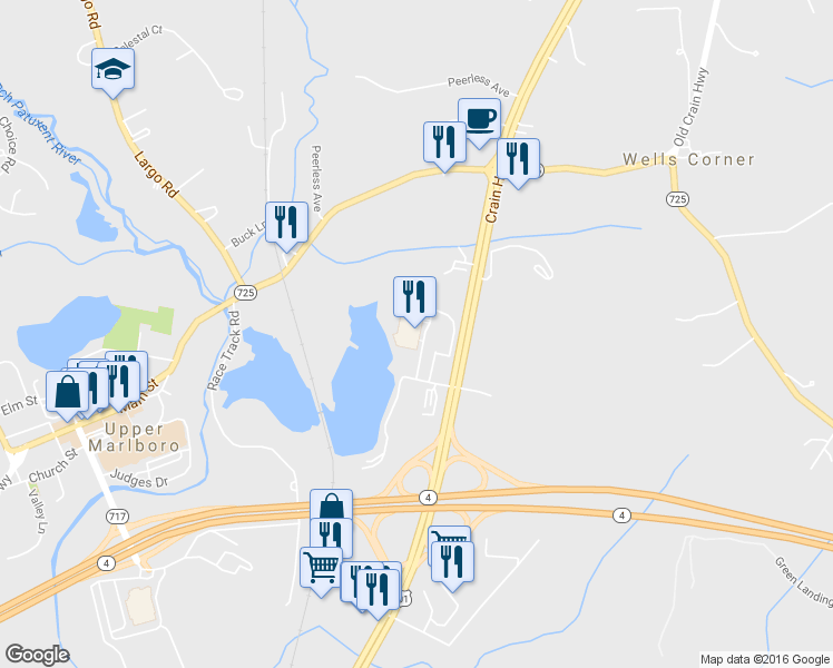 map of restaurants, bars, coffee shops, grocery stores, and more near 15400 Chrysler Drive in Upper Marlboro