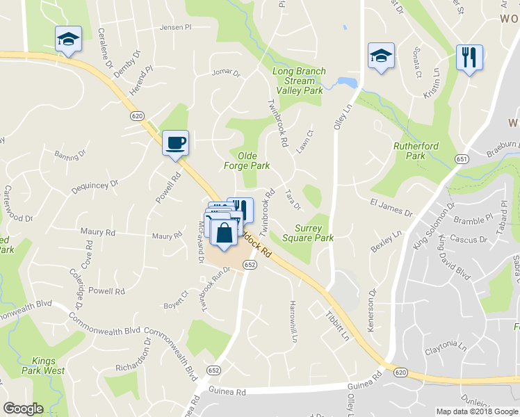 map of restaurants, bars, coffee shops, grocery stores, and more near 4812 Twinbrook Road in Fairfax