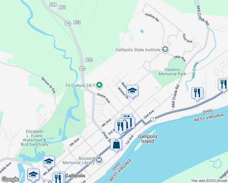 map of restaurants, bars, coffee shops, grocery stores, and more near 34 Neil Avenue in Gallipolis