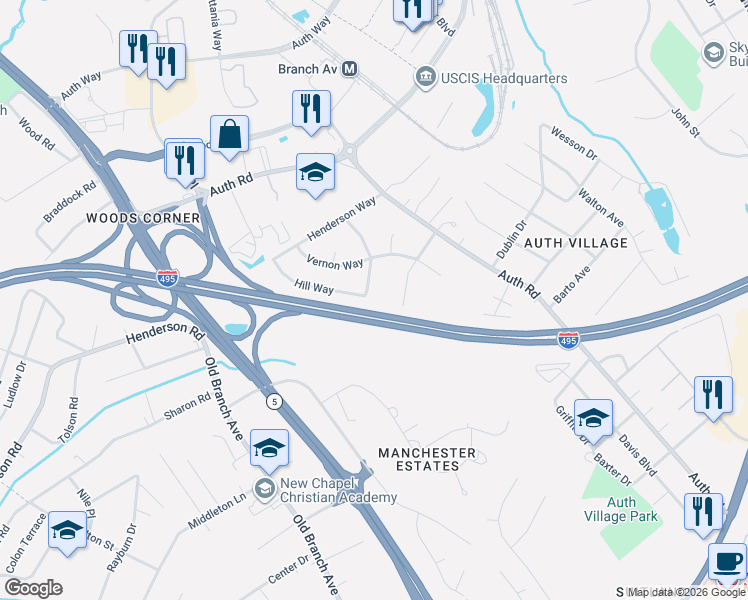 map of restaurants, bars, coffee shops, grocery stores, and more near 5114 Silver Valley Way in Camp Springs