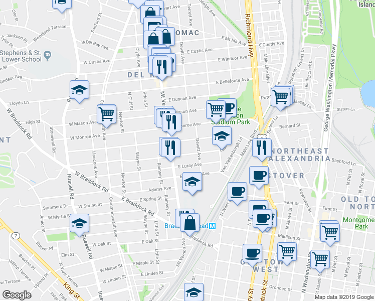 map of restaurants, bars, coffee shops, grocery stores, and more near 416 East Alexandria Avenue in Alexandria