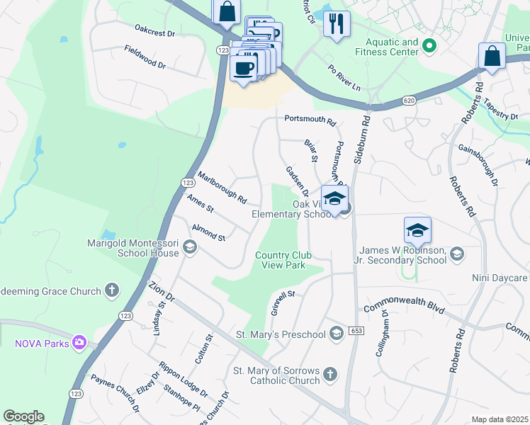 map of restaurants, bars, coffee shops, grocery stores, and more near 5139 Portsmouth Road in Fairfax
