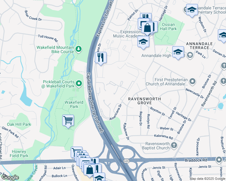 map of restaurants, bars, coffee shops, grocery stores, and more near 4923 Americana Drive in Annandale