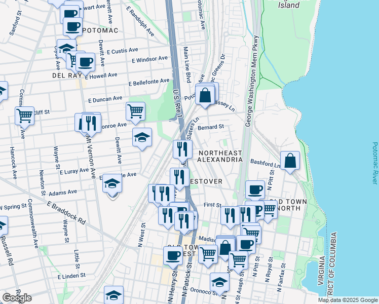 map of restaurants, bars, coffee shops, grocery stores, and more near 924 Rolfe Place in Alexandria