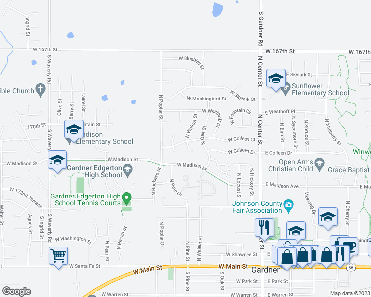 map of restaurants, bars, coffee shops, grocery stores, and more near 544 North Walnut Street in Gardner