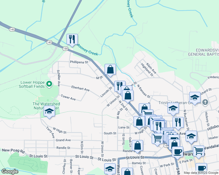 map of restaurants, bars, coffee shops, grocery stores, and more near 1302 North 2nd Street in Edwardsville