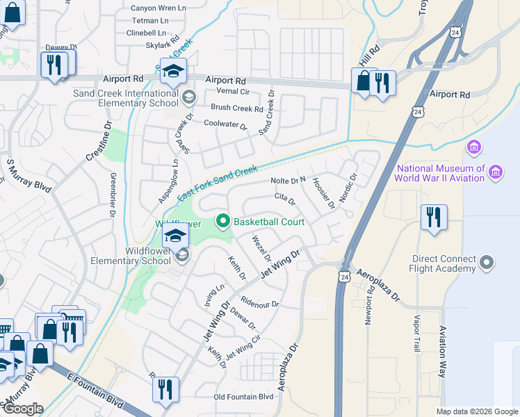 map of restaurants, bars, coffee shops, grocery stores, and more near 5020 Wezel Circle in Colorado Springs