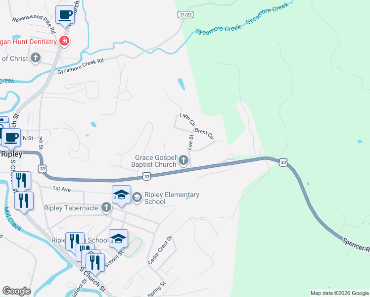 map of restaurants, bars, coffee shops, grocery stores, and more near 105 Lee St in Ripley