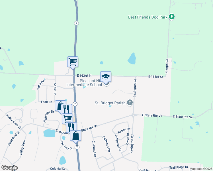 map of restaurants, bars, coffee shops, grocery stores, and more near 1204 East 163rd Street in Pleasant Hill