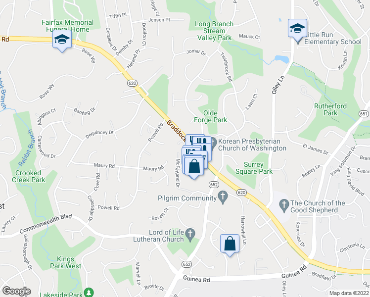 map of restaurants, bars, coffee shops, grocery stores, and more near 4812 Nash Drive in Fairfax