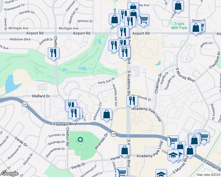 map of restaurants, bars, coffee shops, grocery stores, and more near 926 Acapulco Court in Colorado Springs