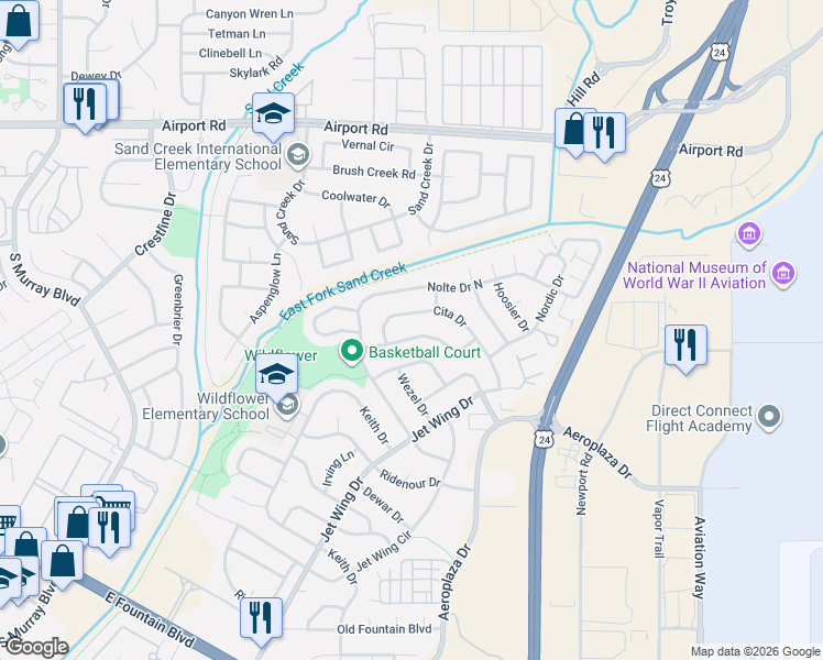 map of restaurants, bars, coffee shops, grocery stores, and more near 5020 Wezel Circle in Colorado Springs