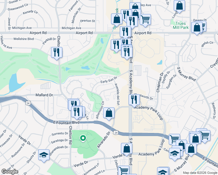 map of restaurants, bars, coffee shops, grocery stores, and more near 926 Acapulco Court in Colorado Springs