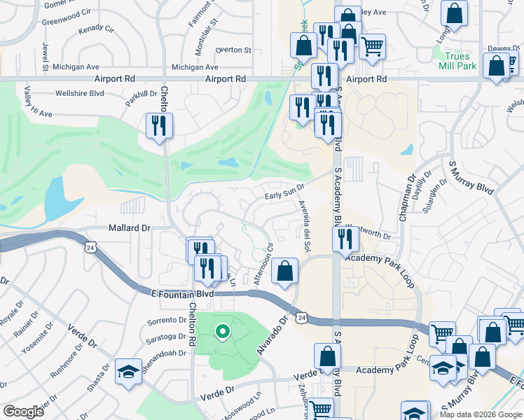 map of restaurants, bars, coffee shops, grocery stores, and more near 901 Tampico Court in Colorado Springs