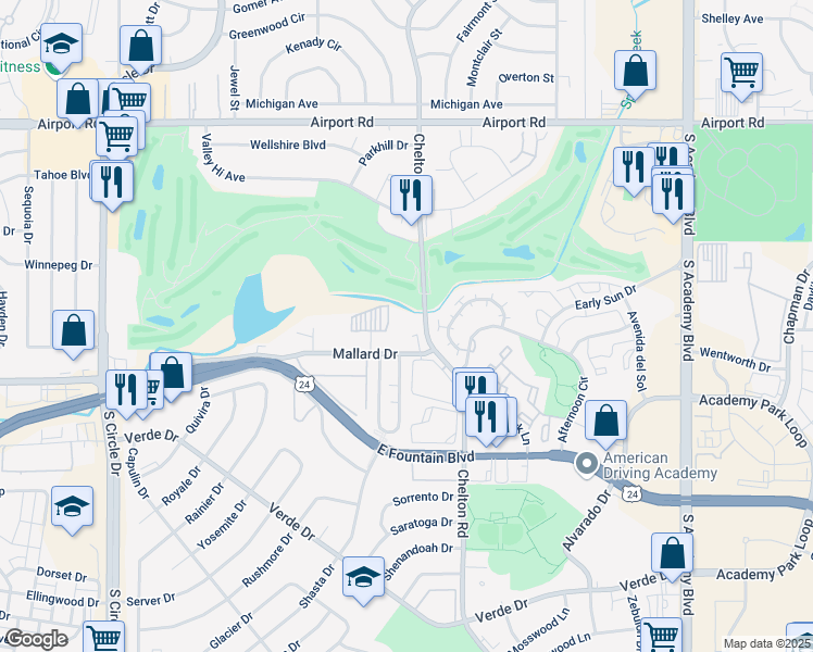 map of restaurants, bars, coffee shops, grocery stores, and more near 3140 Mallard Drive in Colorado Springs