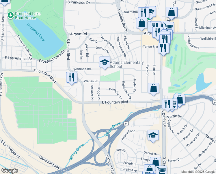 map of restaurants, bars, coffee shops, grocery stores, and more near 2118 Chalmers Road in Colorado Springs