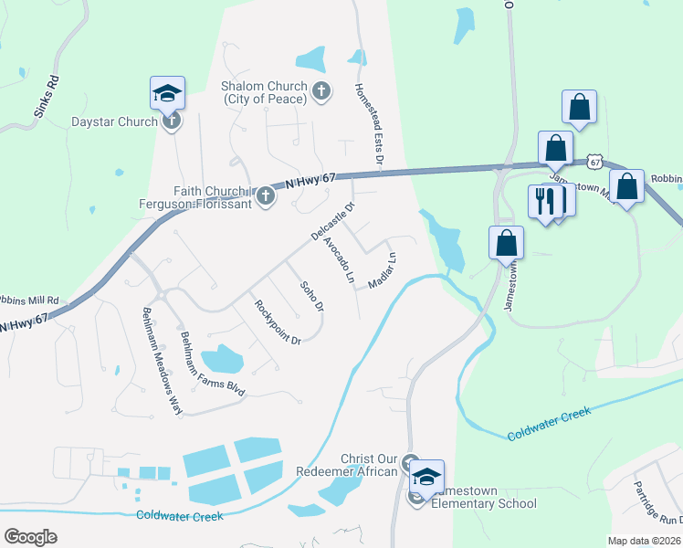 map of restaurants, bars, coffee shops, grocery stores, and more near 14511 Soho Drive in Florissant