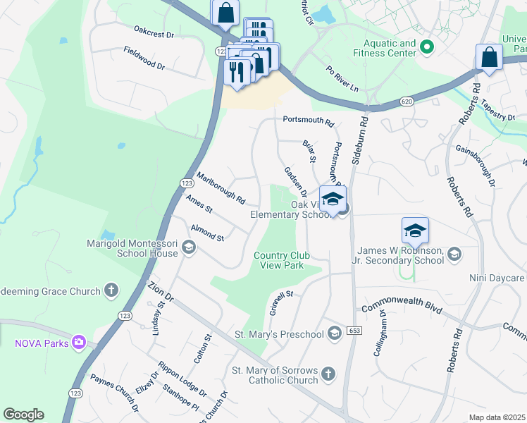 map of restaurants, bars, coffee shops, grocery stores, and more near 5139 Portsmouth Road in Fairfax