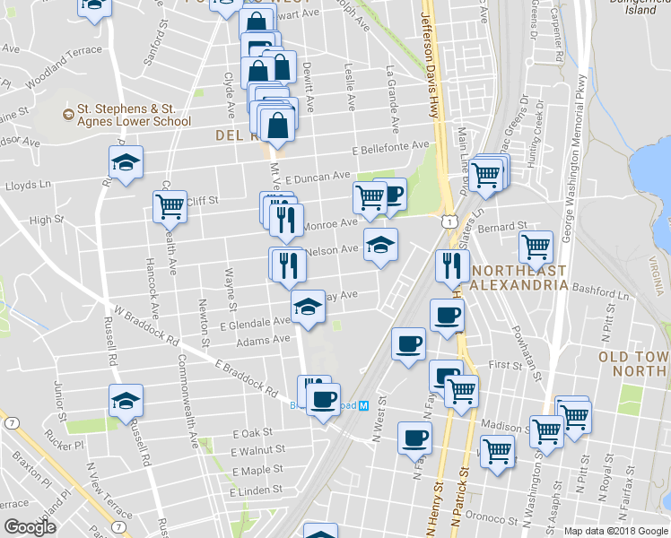 map of restaurants, bars, coffee shops, grocery stores, and more near 426 East Alexandria Avenue in Alexandria