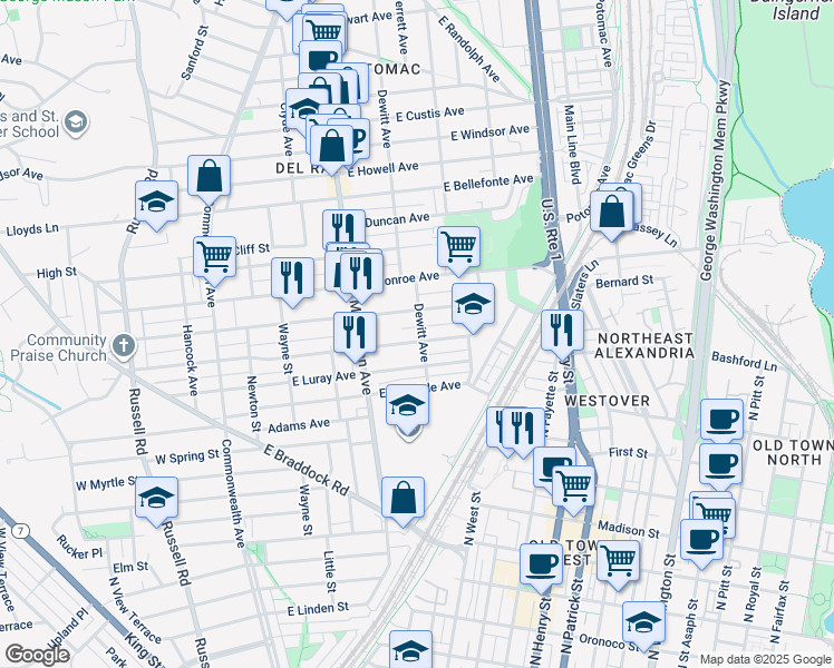 map of restaurants, bars, coffee shops, grocery stores, and more near 426 East Alexandria Avenue in Alexandria