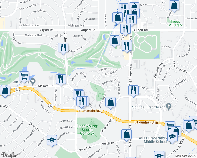 map of restaurants, bars, coffee shops, grocery stores, and more near 3618 Venice Grove in Colorado Springs