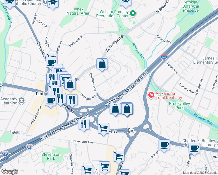 map of restaurants, bars, coffee shops, grocery stores, and more near 431 North Armistead Street in Alexandria