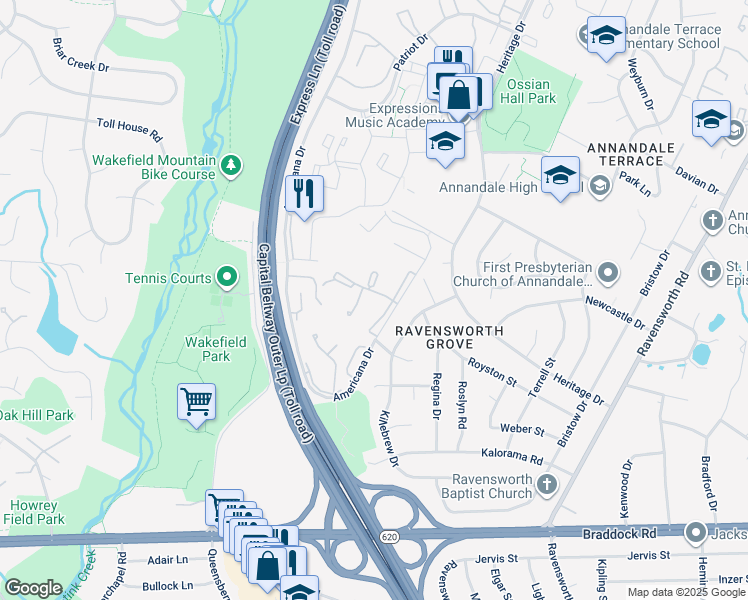 map of restaurants, bars, coffee shops, grocery stores, and more near 4901 Americana Drive in Annandale