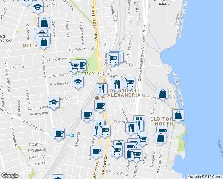 map of restaurants, bars, coffee shops, grocery stores, and more near 902 Rolfe Place in Alexandria