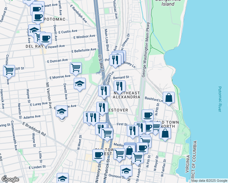 map of restaurants, bars, coffee shops, grocery stores, and more near 902 Rolfe Place in Alexandria