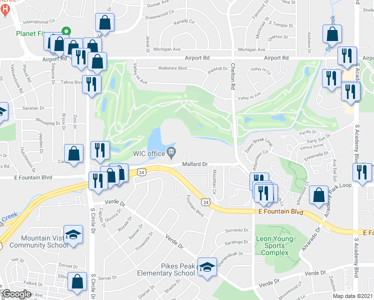 map of restaurants, bars, coffee shops, grocery stores, and more near 915 Teal Court in Colorado Springs
