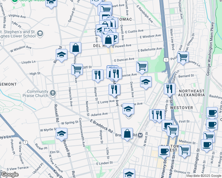 map of restaurants, bars, coffee shops, grocery stores, and more near 101 Independence Avenue Southeast in Washington