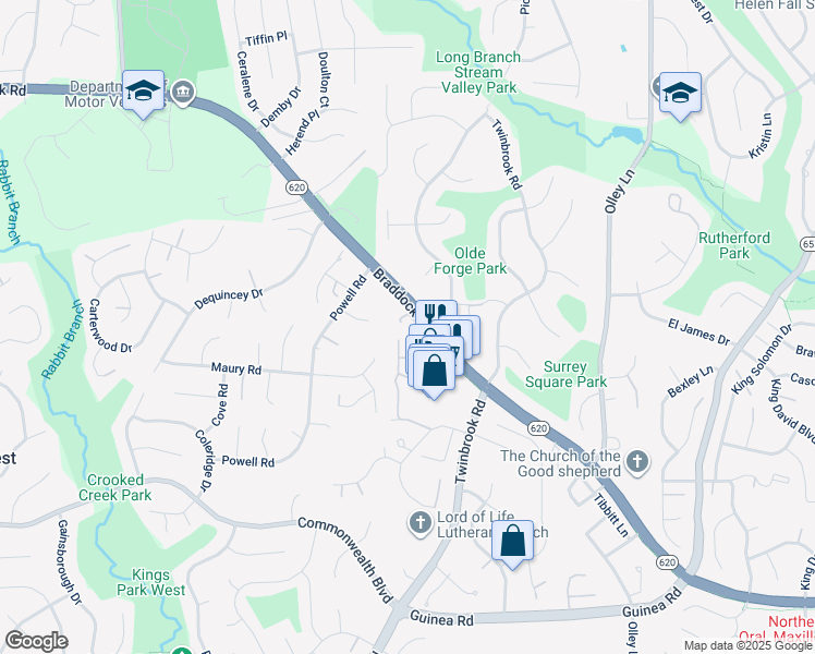 map of restaurants, bars, coffee shops, grocery stores, and more near 4804 Nash Drive in Fairfax